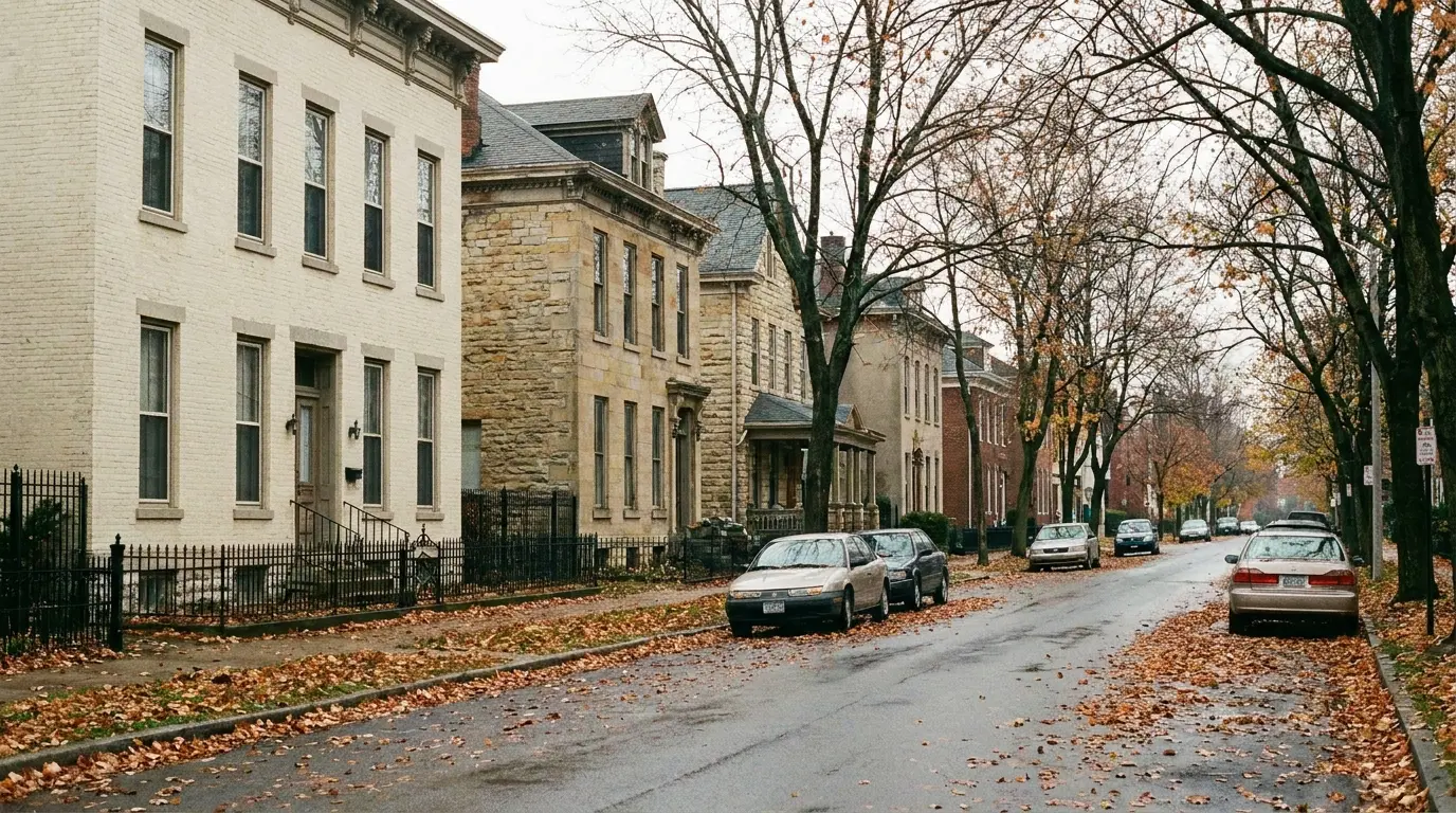 A street of 19th-century brick and sandstone houses with a wrought iron fence in autumn