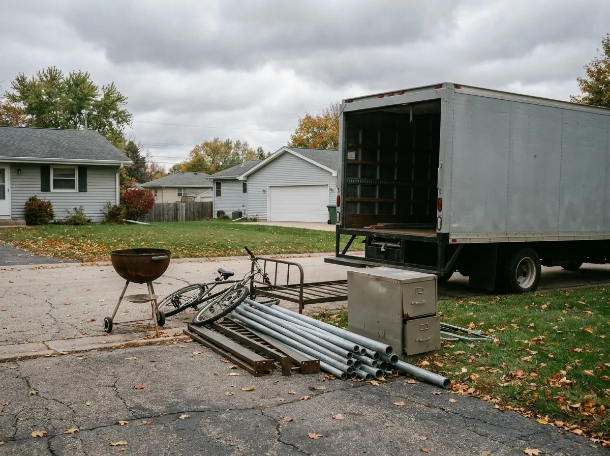 Sorted pile of a charcoal grill, bicycle frame, metal bed frame, pipes and a file cabinet beside a box truck