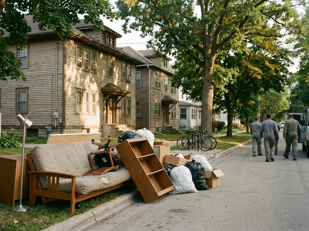 Curbside pile of a futon, bookshelf, lamp and bags on a narrow street of older wooden two-flats in late summer
